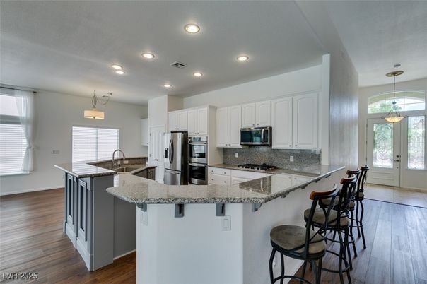 Interior, Kitchen, Pendant Lights, Recessed Lighting, Stainless Steel Appliances, Wood Texture Flooring