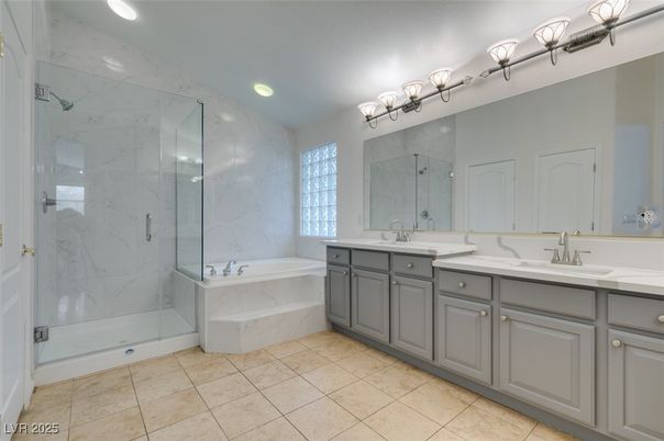 Bathroom, Dual Sink Vanities, Glass Shower, Interior, Marble Walls, Recessed Lighting