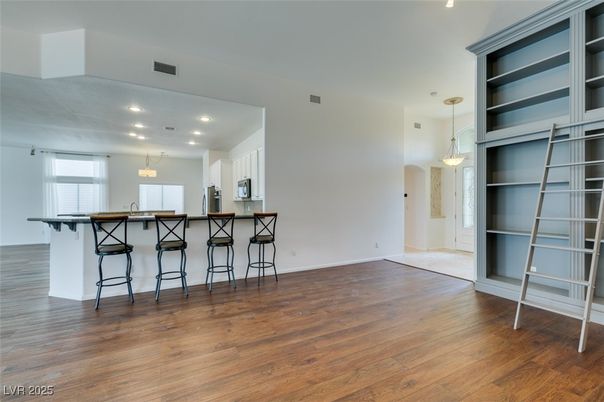 Empty room, Interior, Kitchen, Pendant Lights, Recessed Lighting, Wood Texture Flooring