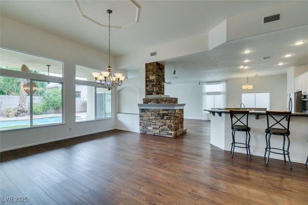 Chandelier, Empty room, Interior, Kitchen, Pendant Lights, Recessed Lighting, Wood Texture Flooring