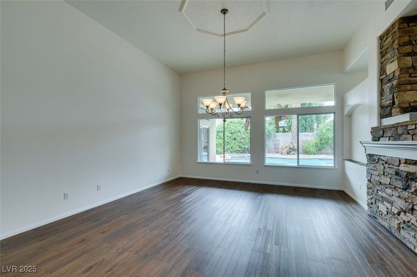 Chandelier, Empty room, Fireplace, Interior, Stone Walls, Wood Texture Flooring