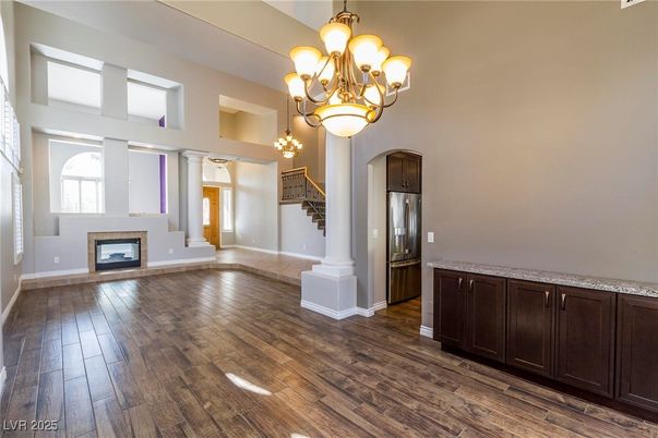 Chandelier, Empty room, Fireplace, Interior, Kitchen, Wood Texture Flooring