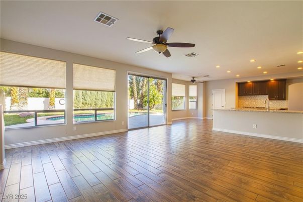 Empty room, Interior, Kitchen, Recessed Lighting, Wood Texture Flooring