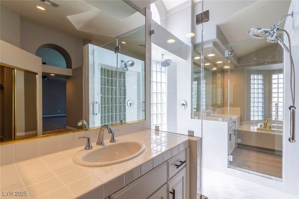Bathroom, Glass Shower, Interior, Recessed Lighting, Tile Countertops