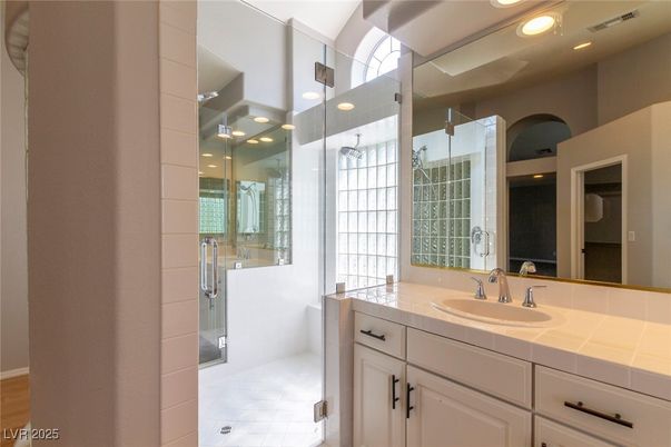 Bathroom, Glass Shower, Interior, Recessed Lighting, Tile Countertops
