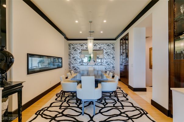 Dining room, Interior, Pendant Lights, Recessed Lighting, Wood Texture Flooring