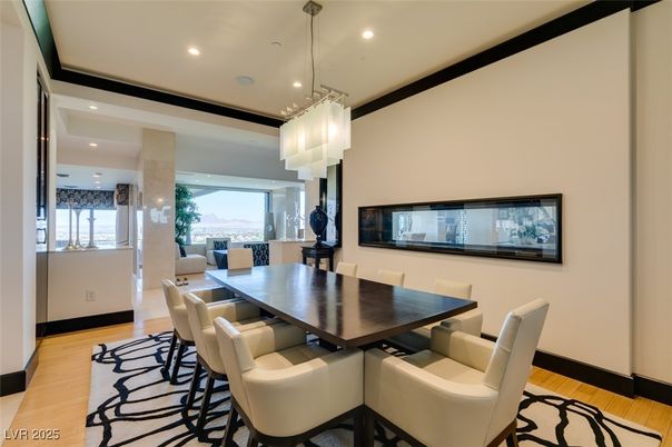 Dining room, Interior, Pendant Lights, Recessed Lighting, Wood Texture Flooring