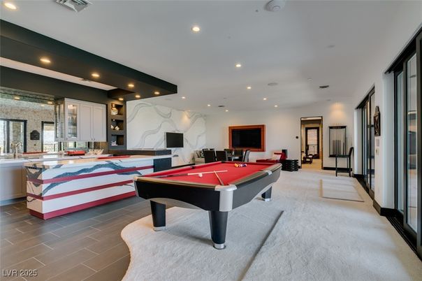 Billiard Table, Game Room, Interior, Marble Walls, Recessed Lighting
