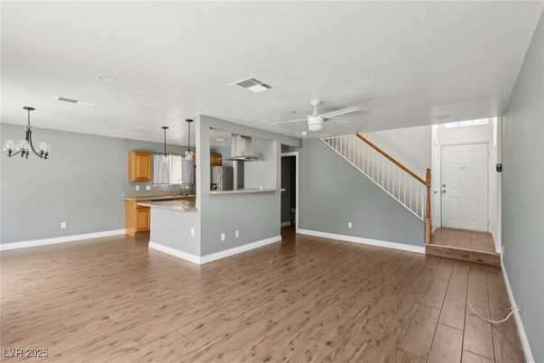 Chandelier, Empty room, Interior, Kitchen, Pendant Lights, Wood Texture Flooring