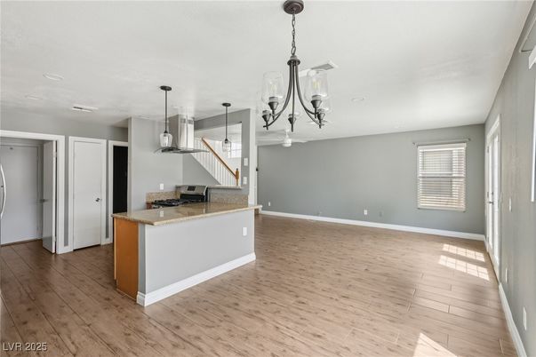Empty room, Interior, Pendant Lights, Recessed Lighting, Wood Texture Flooring