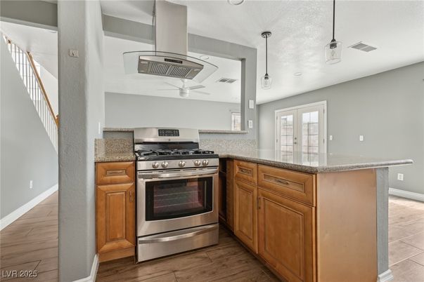 Interior, Kitchen, Pendant Lights, Stainless Steel Appliances, Wood Texture Flooring