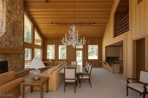 Chandelier, Dining room, Fireplace, Interior, Living room, Stone Walls, Wooden Beams, Wooden Ceilings, Wooden Walls