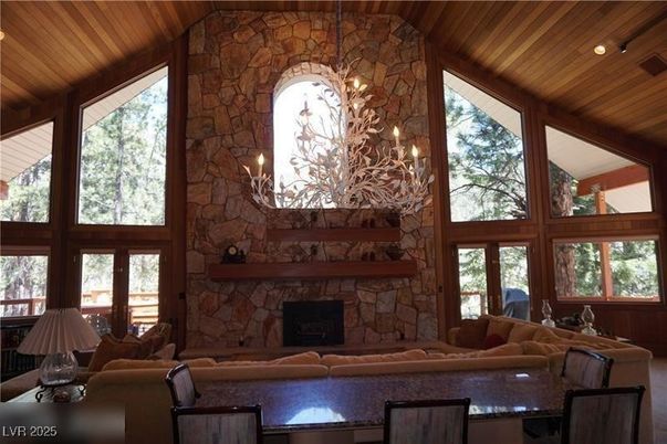 Fireplace, Interior, Living room, Recessed Lighting, Stone Walls, Wooden Beams, Wooden Ceilings