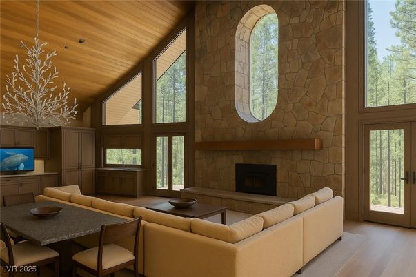 Dining room, Fireplace, Interior, Living room, Stone Walls, Wooden Ceilings, Wood Texture Flooring