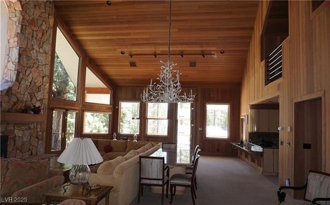 Chandelier, Dining room, Interior, Living room, Stone Walls, Wooden Beams, Wooden Ceilings, Wooden Walls