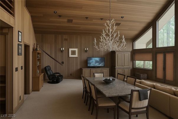 Chandelier, Dining room, Interior, Wooden Ceilings, Wooden Walls