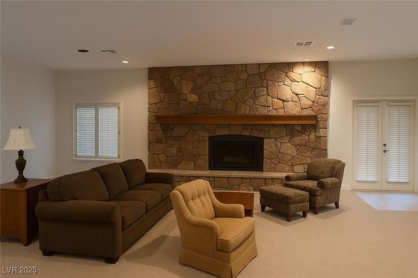 Fireplace, Interior, Living room, Recessed Lighting, Stone Walls