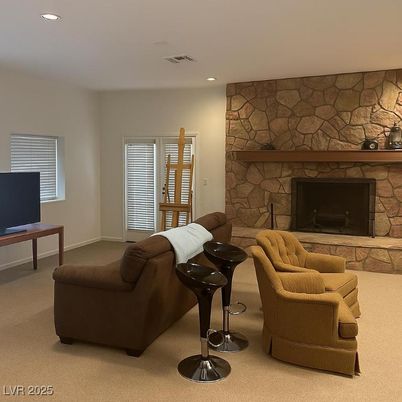 Fireplace, Interior, Living room, Recessed Lighting, Stone Walls