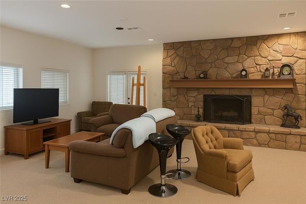 Fireplace, Interior, Living room, Recessed Lighting, Stone Walls
