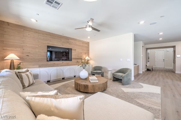 Interior, Living room, Recessed Lighting, Wood Texture Flooring, Wooden Walls