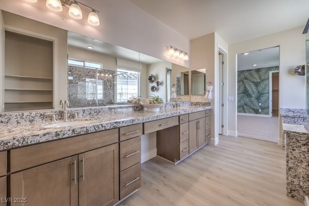 Bathroom, Dual Sink Vanities, Glass Shower, Interior, Wood Texture Flooring