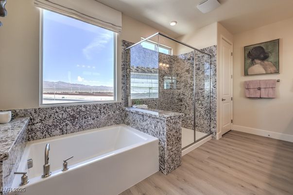 Bathroom, Glass Shower, Interior, Recessed Lighting, Wood Texture Flooring
