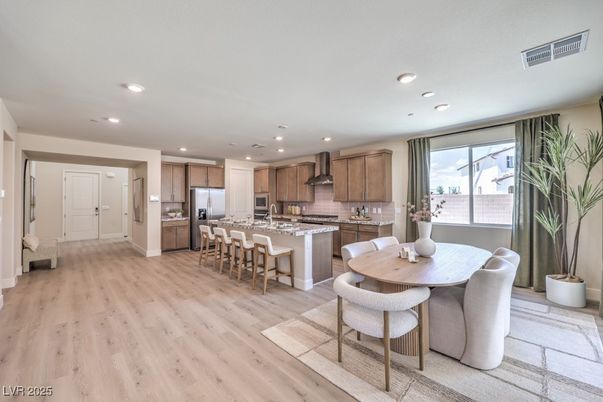 Dining room, Interior, Kitchen, Recessed Lighting, Stainless Steel Appliances, Wood Texture Flooring