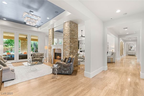 Chandelier, Fireplace, Interior, Living room, Recessed Lighting, Wood Texture Flooring