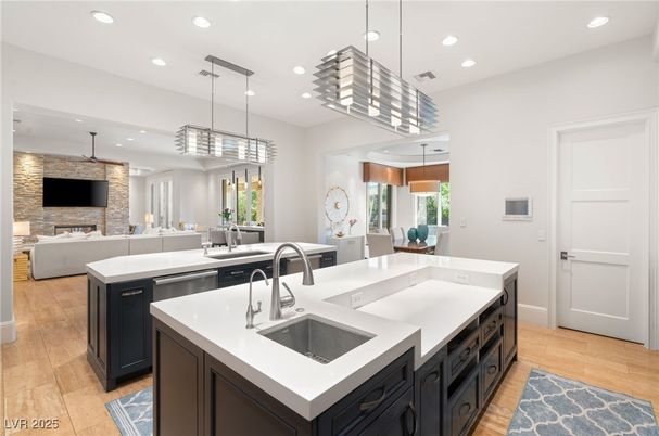 Fireplace, Interior, Kitchen, Living room, Pendant Lights, Recessed Lighting, Stone Walls, Wood Texture Flooring