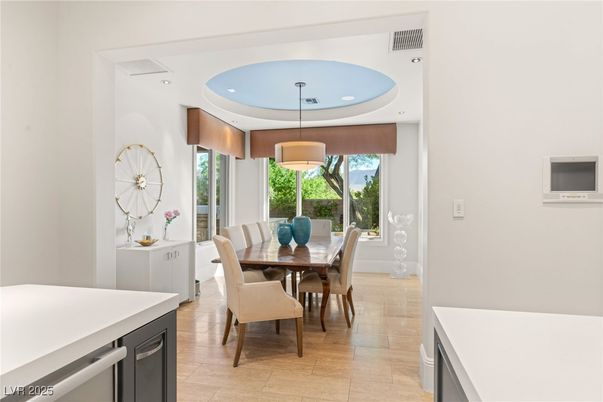 Dining room, Interior, Pendant Lights, Recessed Lighting, Wood Texture Flooring