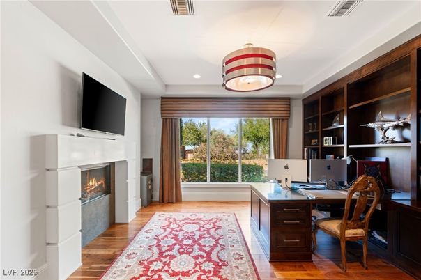 Fireplace, Home Office, Interior, Recessed Lighting, Wood Texture Flooring