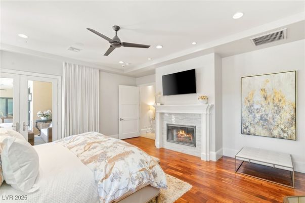 Bedroom, Fireplace, Interior, Recessed Lighting, Wood Texture Flooring