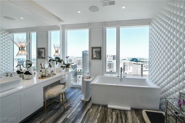 Bathroom, Free Standing Baths, Interior, Recessed Lighting, Wood Texture Flooring