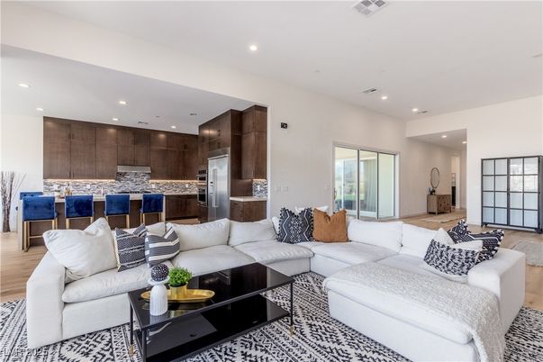 Interior, Kitchen, Living room, Recessed Lighting, Stainless Steel Appliances, Wood Texture Flooring