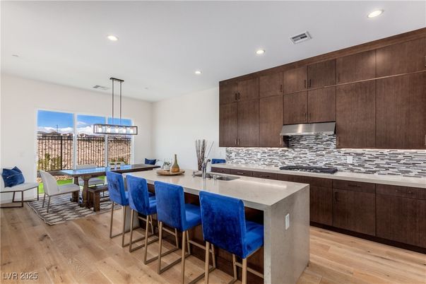 Dining room, Interior, Kitchen, Pendant Lights, Recessed Lighting, Wood Texture Flooring