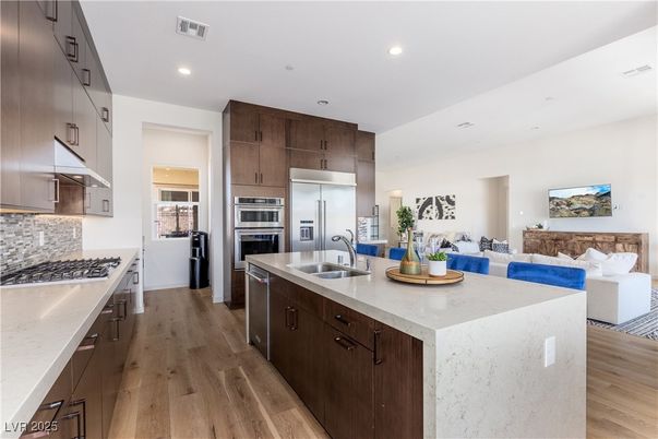 Interior, Kitchen, Living room, Recessed Lighting, Stainless Steel Appliances, Wood Texture Flooring