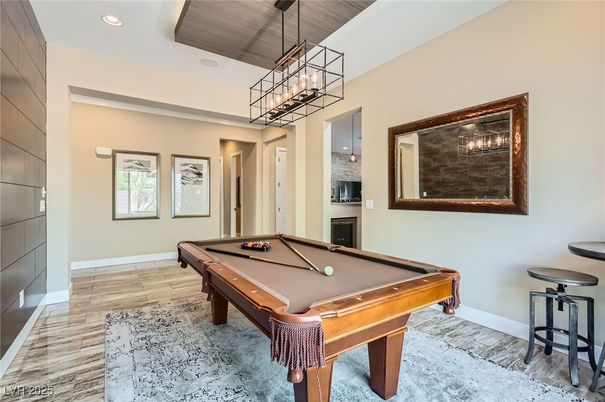 Billiard Table, Game Room, Interior, Pendant Lights, Recessed Lighting, Wood Texture Flooring