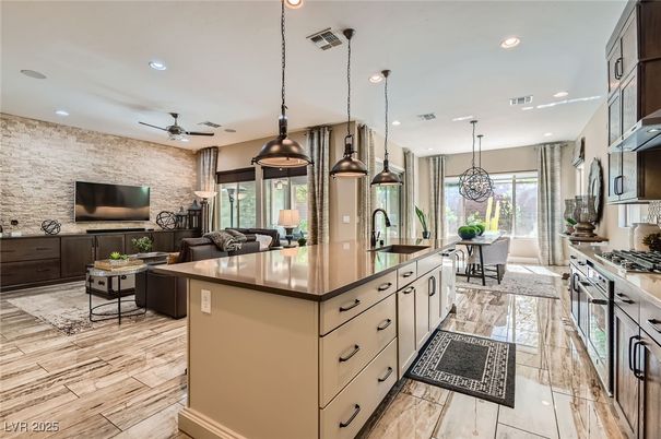 Dining room, Interior, Kitchen, Living room, Pendant Lights, Recessed Lighting, Stone Walls, Wood Texture Flooring