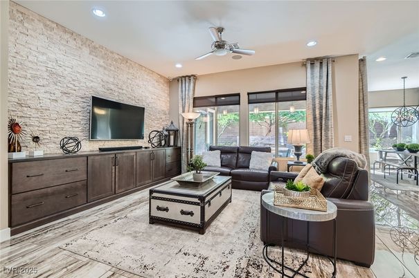 Interior, Living room, Recessed Lighting, Stone Walls, Wood Texture Flooring