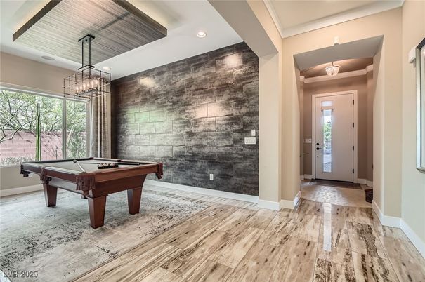 Billiard Table, Chandelier, Game Room, Interior, Pendant Lights, Recessed Lighting, Wood Texture Flooring