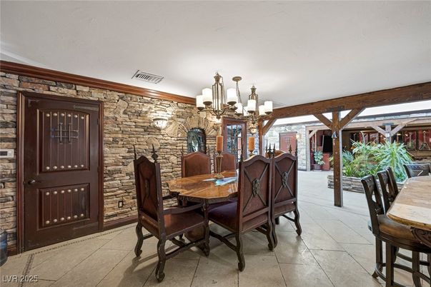 Chandelier, Dining room, Interior, Stone Walls