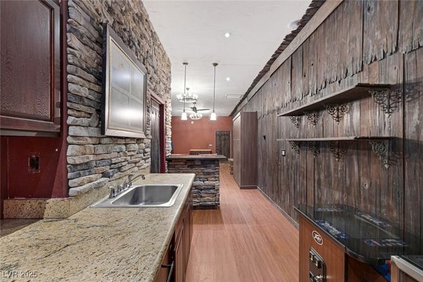 Interior, Kitchen, Pendant Lights, Recessed Lighting, Stone Walls, Wood Texture Flooring
