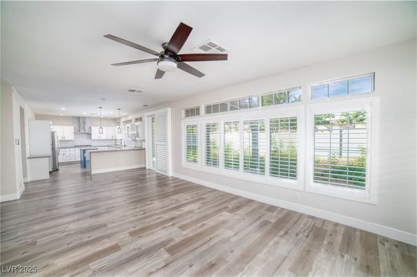 Empty room, Interior, Kitchen, Pendant Lights, Recessed Lighting, Wood Texture Flooring