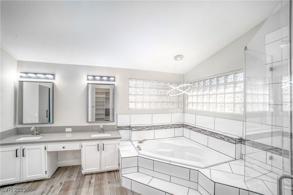 Bathroom, Dual Sink Vanities, Interior, Pendant Lights, Wood Texture Flooring