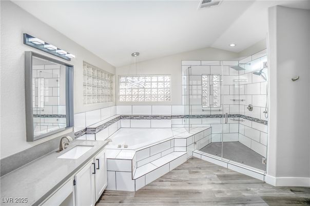 Bathroom, Glass Shower, Interior, Recessed Lighting, Wood Texture Flooring