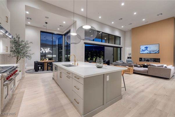 Dining room, Interior, Kitchen, Living room, Pendant Lights, Recessed Lighting, Wood Texture Flooring