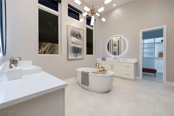 Bathroom, Dual Sink Vanities, Free Standing Baths, Interior, Pendant Lights, Recessed Lighting