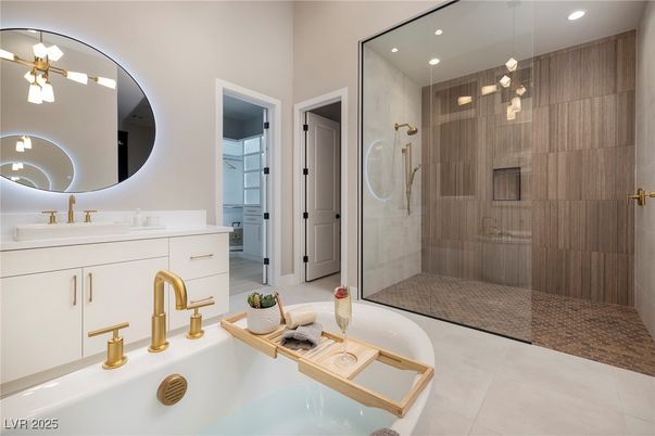 Bathroom, Dual Sink Vanities, Glass Shower, Interior, Pendant Lights, Recessed Lighting