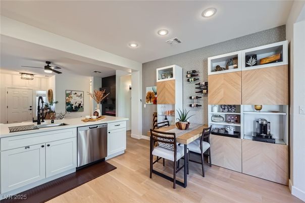 Dining room, Interior, Kitchen, Recessed Lighting, Stainless Steel Appliances, Wood Texture Flooring