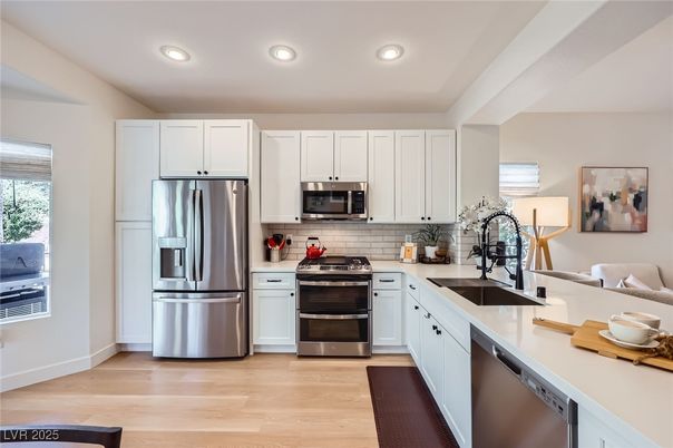 Interior, Kitchen, Recessed Lighting, Stainless Steel Appliances, Wood Texture Flooring